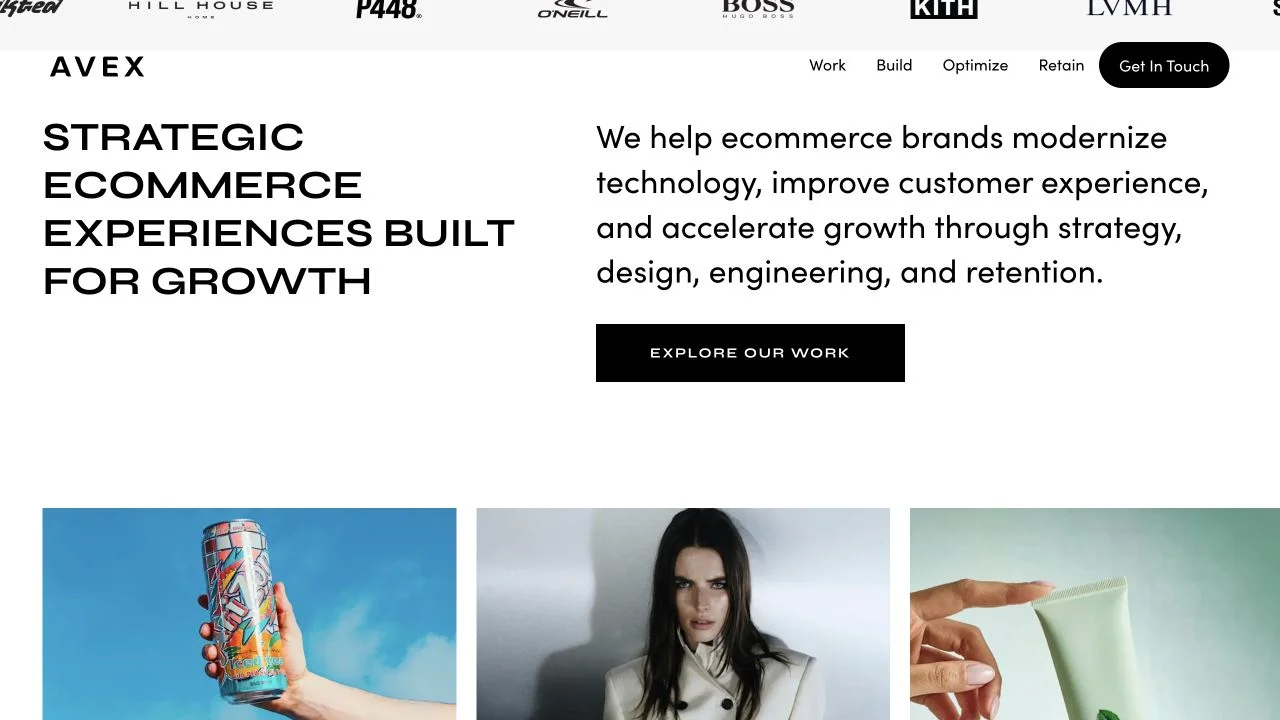 Avex homepage showing its commerce positioning and visual presentation